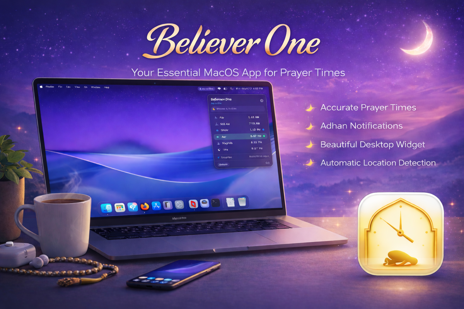 Believer One showing today’s prayer times and Hijri date in a Mac-style window